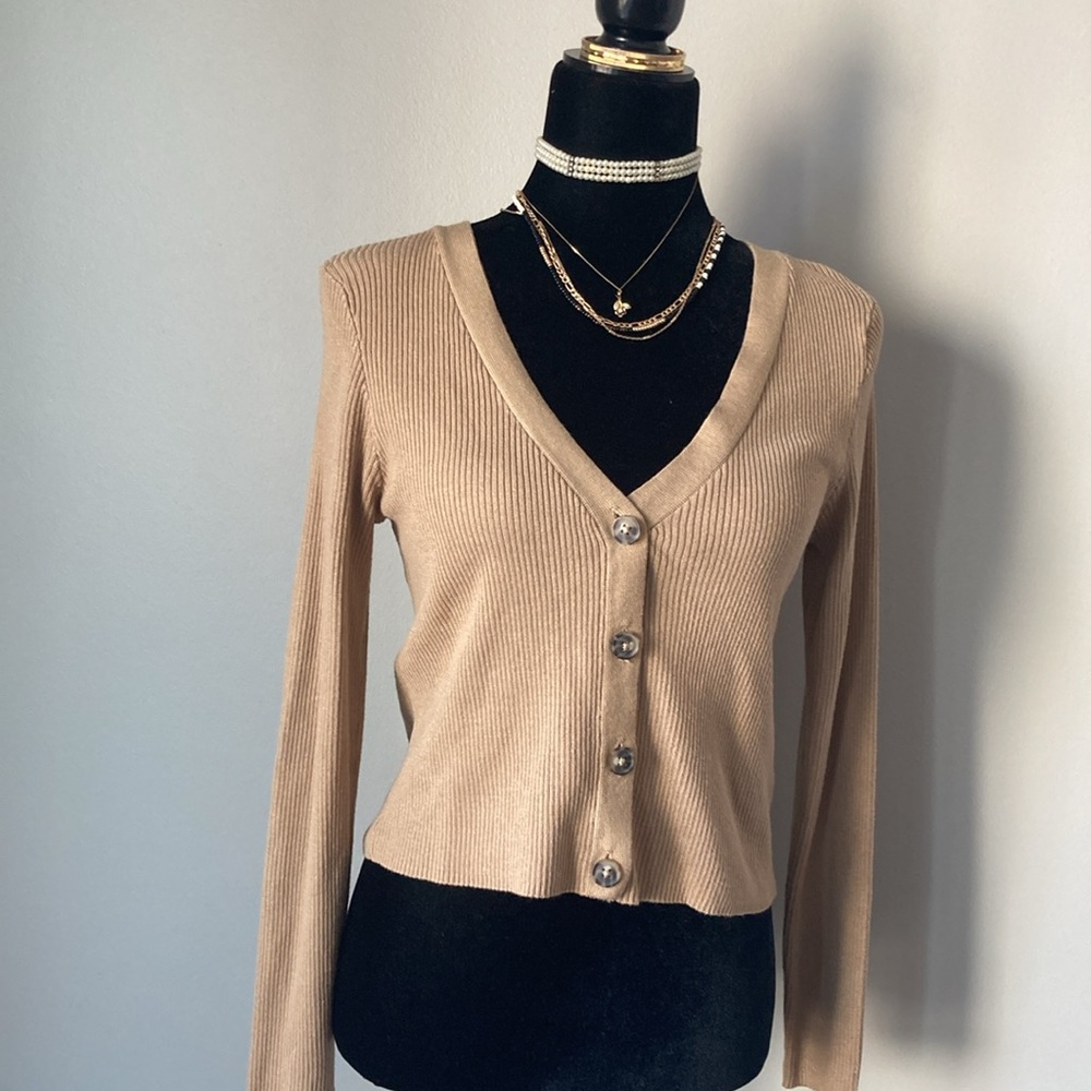 Light Beige V-Neck Knit Cardigan